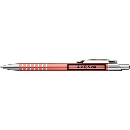 Rosefarbener Metall-Kugelschreiber mit Clip und Druckmechanik.