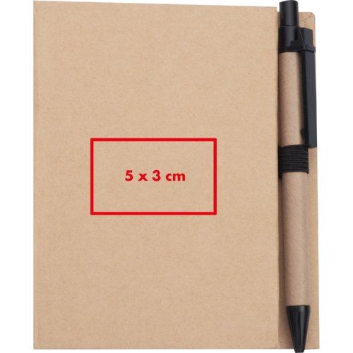 Brauner Notizblock mit Stifthalter und Stift.
