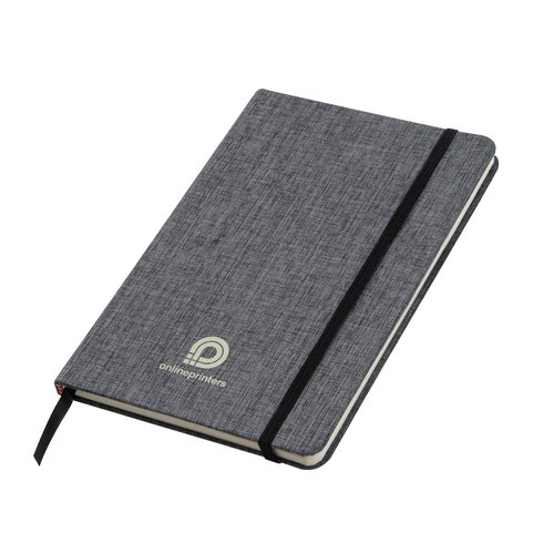 Graues Notizbuch mit Gummibandverschluss und Leseband.