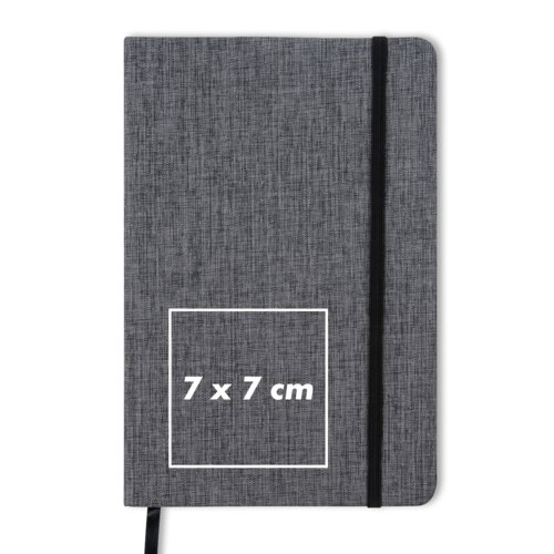 Graues Notizbuch mit Gummibandverschluss und Leseband.