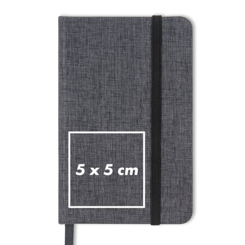 Graues Notizbuch mit Gummibandverschluss.