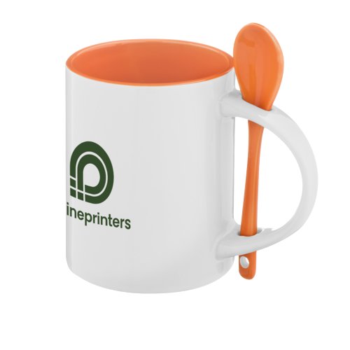 Orange Keramiktasse mit passendem Lffel am Henkel.