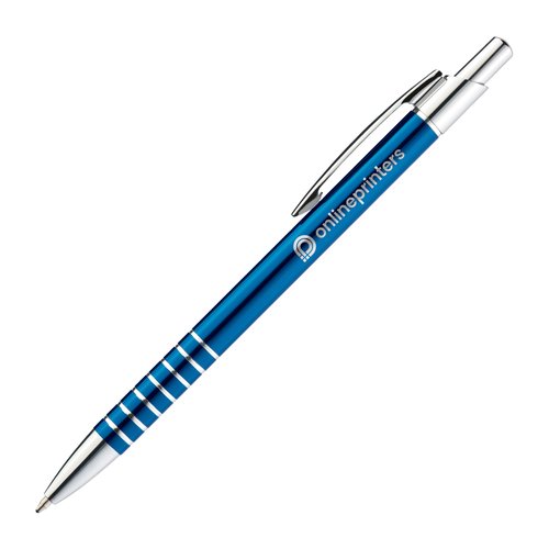 Blauer Metall-Kugelschreiber mit Clip und Druckmechanik.