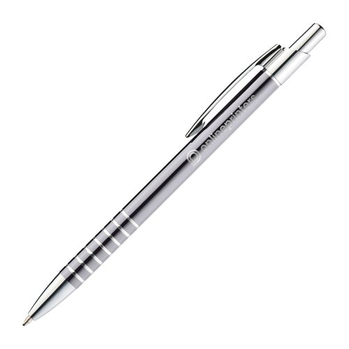 Grauer Metall-Kugelschreiber mit Clip und Druckmechanismus.