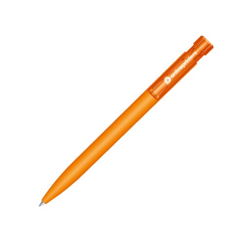 Oranger Kunststoff-Kugelschreiber mit Druckmechanik und Soft-Touch-Oberfl�che.