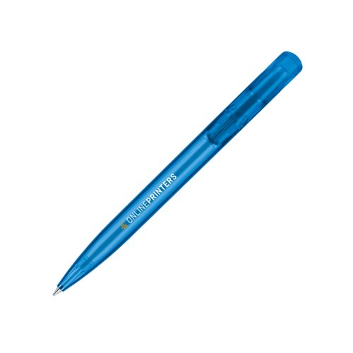 Blauer Kunststoff-Kugelschreiber mit Druckmechanik.