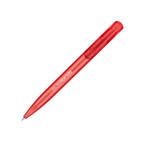 Roter, durchscheinender Kunststoff-Kugelschreiber mit Druckmechanik.