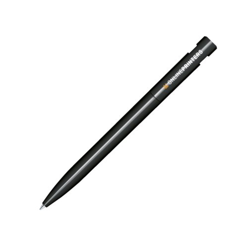 Schwarzer Kunststoff-Kugelschreiber mit gl�nzender Oberfl�che und Druckmechanismus.