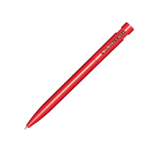 Roter Kugelschreiber aus Kunststoff mit gl�nzender Oberfl�che und Druckmechanik.