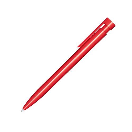 Roter Kugelschreiber mit gl�nzender Oberfl�che, Clip und Druckmechanik.
