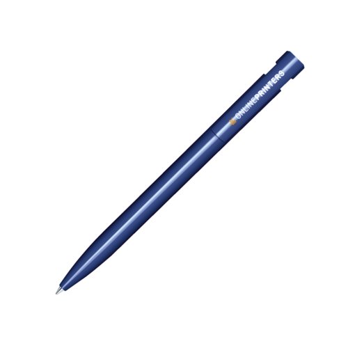 Dunkelblauer Kunststoff-Kugelschreiber mit gl�nzender Oberfl�che und Druckknopf.