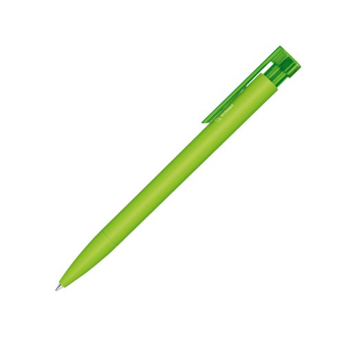 Grüner Bio-Kunststoff Kugelschreiber mit Clip und Druckknopf.