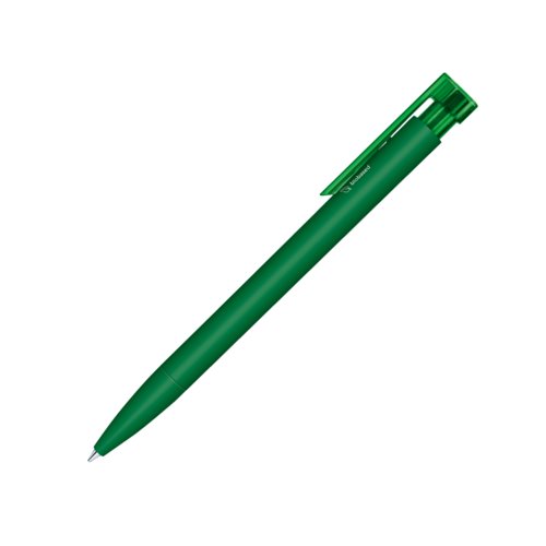 Dunkelgrüner Bio-Kugelschreiber mit Clip und Druckmechanismus.