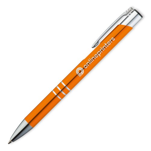 Oranger Metall-Kugelschreiber mit Clip und Druckmechanismus.