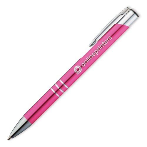 Pinkfarbener Metall-Kugelschreiber mit Clip und Druckmechanismus.