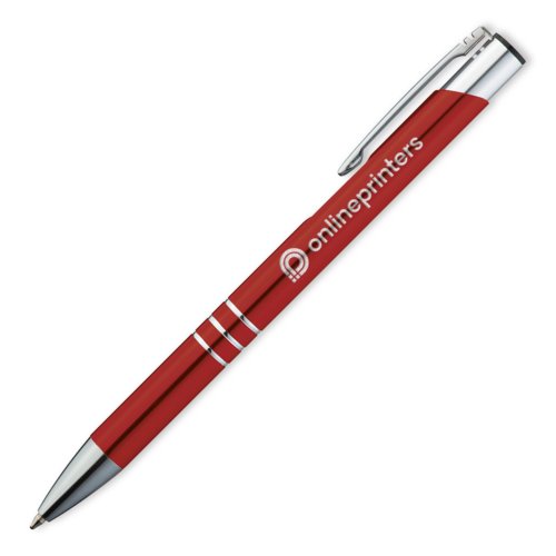 Roter Metall-Kugelschreiber mit Clip und Druckmechanismus.