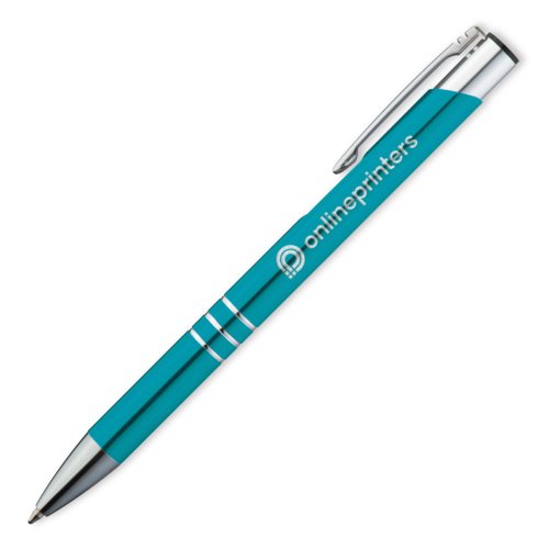 Türkisfarbener Metall-Kugelschreiber mit Clip und Druckknopf.