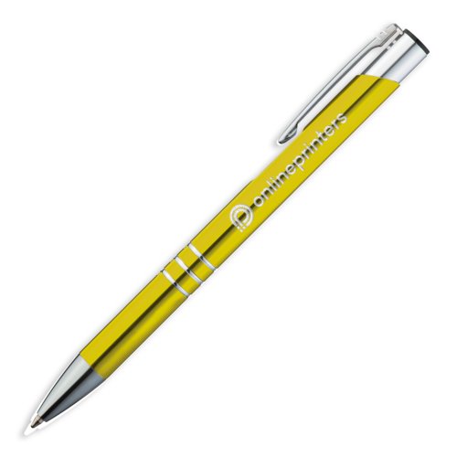 Gelber Metall-Kugelschreiber mit Clip und Druckknopf.