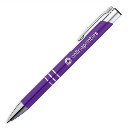 Violetter Metall-Kugelschreiber mit Clip und Druckmechanismus.