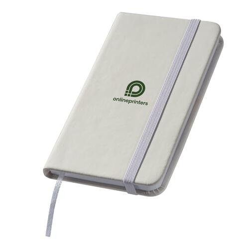 Weies Notizbuch mit Gummiband und Lesebndchen.