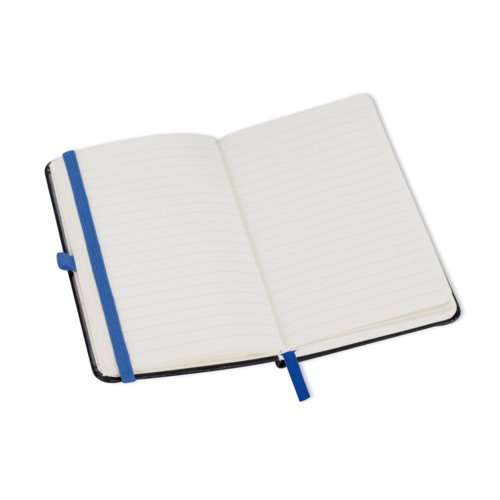Blaues Notizbuch mit Gummiband und linierten Seiten.
