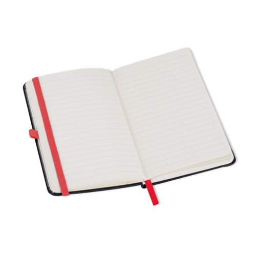 Rotes Notizbuch mit Gummibandverschluss und Lesezeichen.
