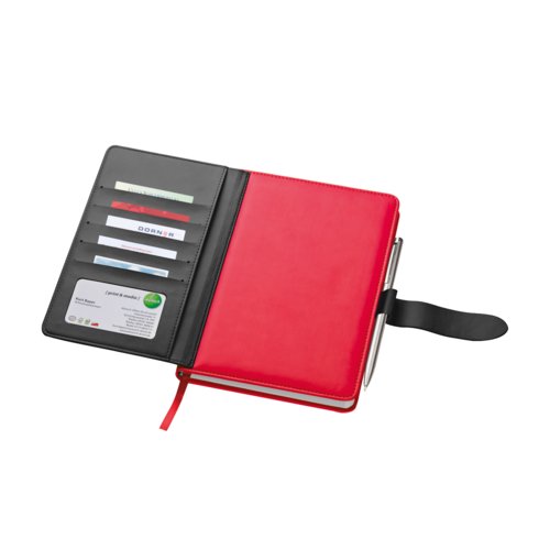 Rotes Notizbuch mit Einsteckfchern und Stiftschlaufe.