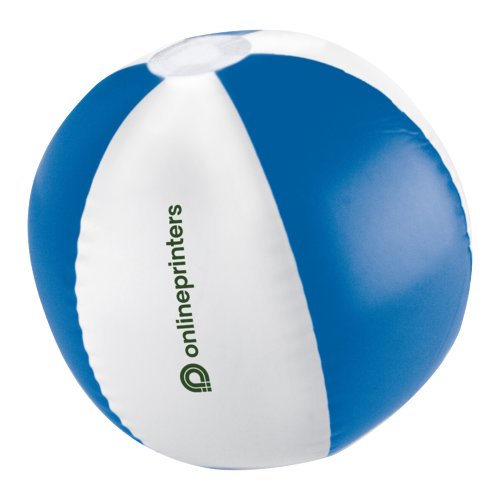 Blauer Strandball aus Kunststoff, mehrfarbig gestaltet.