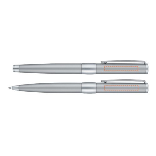 Chromfarbenes Schreibgeräte-Set aus Metall, bestehend aus Kugelschreiber und Rollerball, mit Etui.