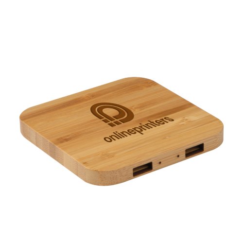 Helles Holz Induktionsladegerät aus Bambus mit mehreren USB-Anschlüssen.