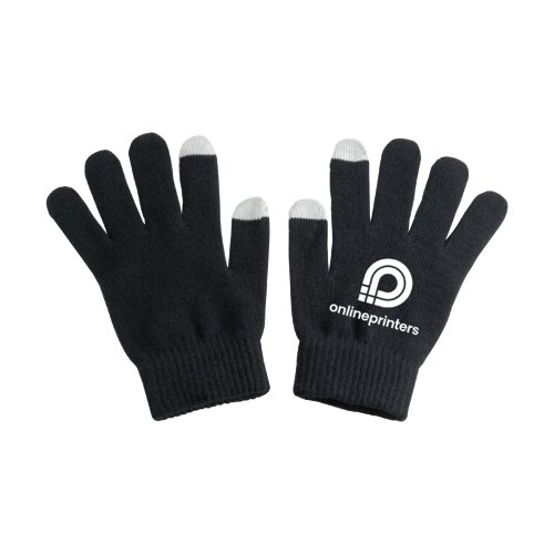 Schwarze Strickhandschuhe mit Touch-Funktion an zwei Fingerspitzen.