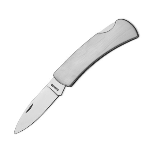 Graues Edelstahl-Taschenmesser mit einer Klinge.