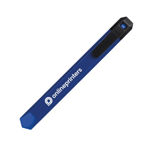 Blaues Kartonmesser mit Klingenschutz und Muster.