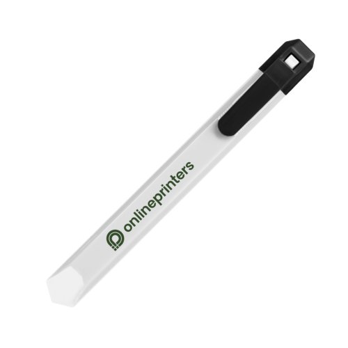 Weies Kunststoff-Kartonmesser mit Klingenschutz und Clip.