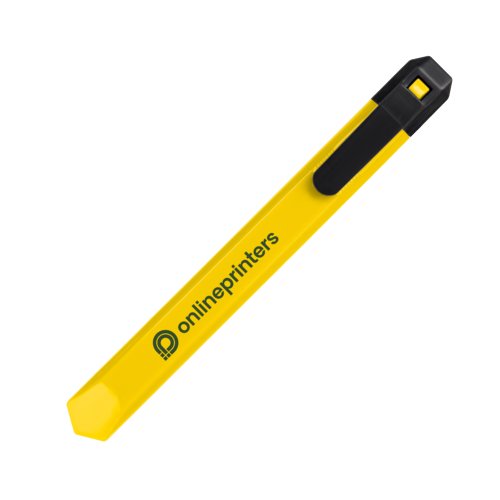 Gelbes Kartonmesser mit Klingenschutz und Clip.