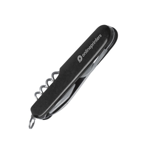 Schwarzes Taschenmesser mit verschiedenen Werkzeugen und Metallring.