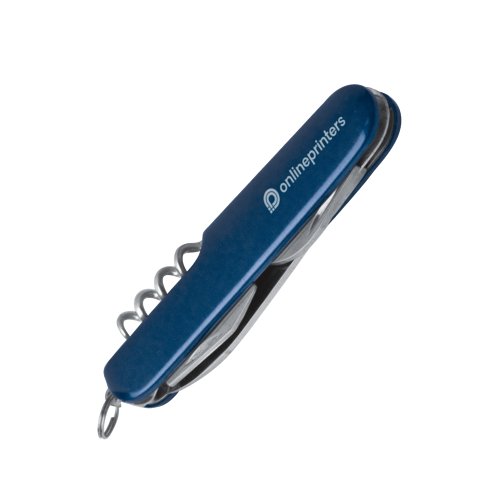Blaues Taschenmesser mit verschiedenen Werkzeugen und einem Schlsselring.