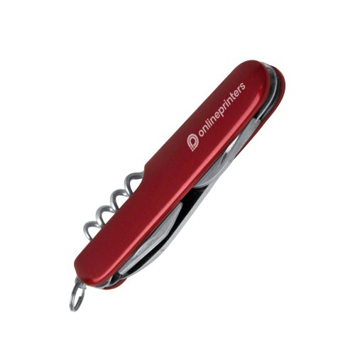 Rotes Taschenmesser mit verschiedenen Werkzeugen aus Metall.
