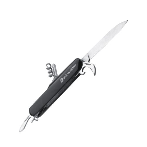 Schwarzes Taschenmesser mit mehreren Werkzeugen aus Edelstahl.