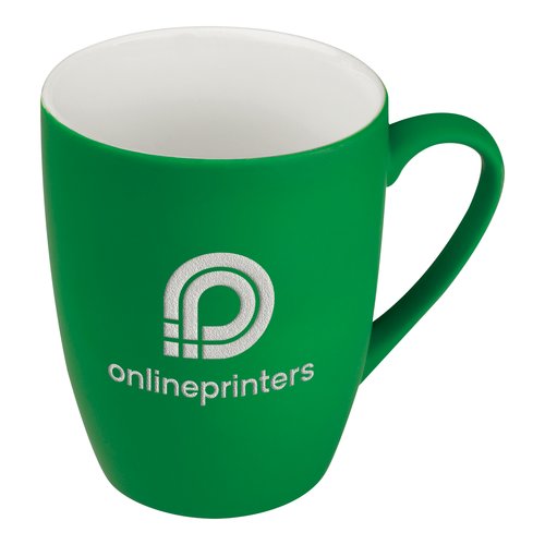 Grne Keramik Tasse mit abgerundeten Design und Henkel.