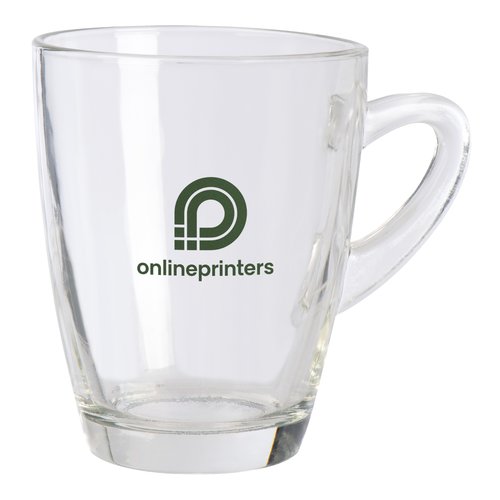 Durchsichtige Glas-Tasse mit Henkel.