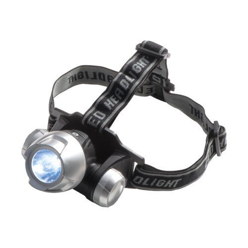 Graue Stirnlampe mit verstellbarem Kopfband.