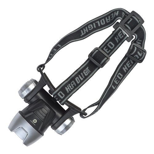 Schwarze Stirnlampe mit verstellbarem Kopfband.