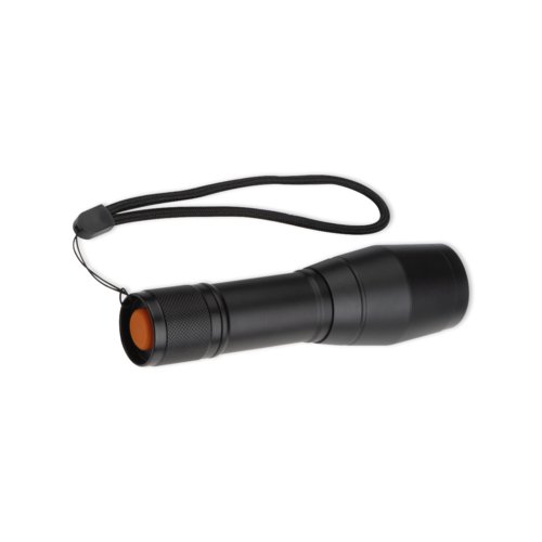 Schwarze Metall-Taschenlampe mit Handschlaufe.