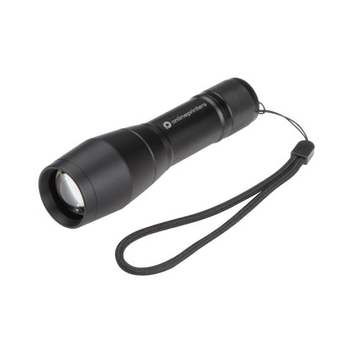 Schwarze Metall-Taschenlampe mit LED und Handschlaufe.