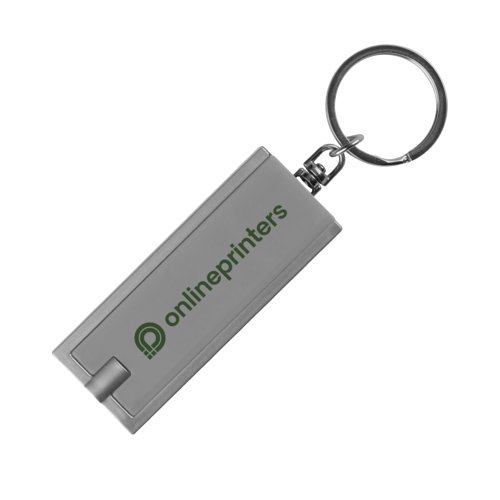 Grauer Kunststoff-Schlsselanhnger mit LED-Licht und Metallring.