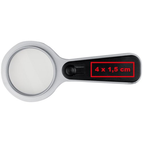 Silberne Lupe mit LED-Beleuchtung am Griff.