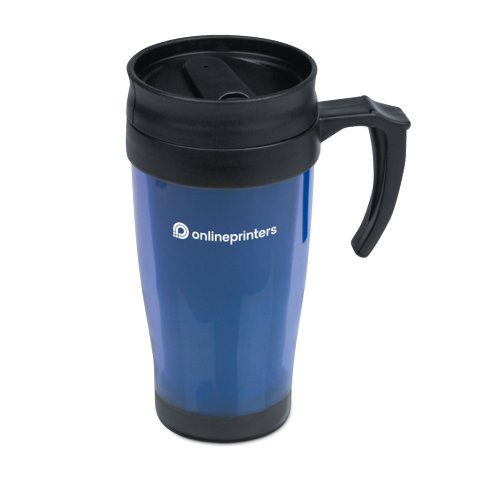 Blauer Kunststoffbecher mit Deckel und Henkel.