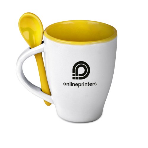 Gelbe Keramik Tasse mit passendem Lffel.