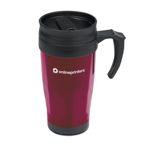 Roter Kunststoffbecher mit Deckel und Henkel.